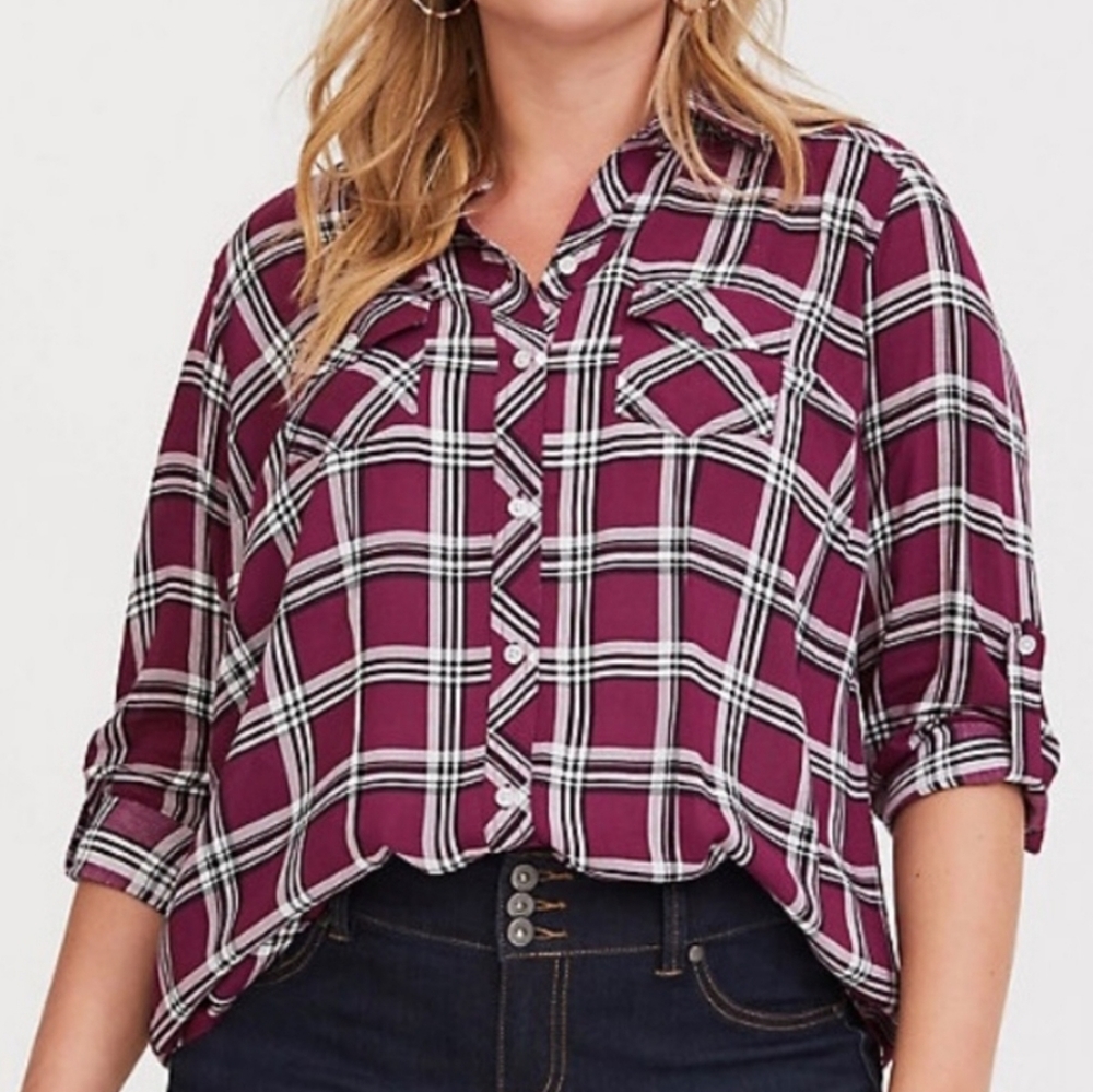 Torrid Red Plaid Challis Button-down Shirt